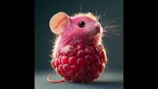 Adorable Pink Mouse Enjoys a Raspberry Treat 