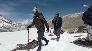 Flying drone over the highest altitude Lake of the world, Tilicho Lake, Nepal, Frozen Lake.