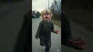 Emotional drama scene, a dirty-blonde child in tattered clothes sprints desperately