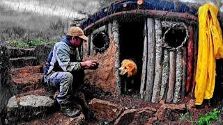 Camping in the rain. Dog rescue in the mountains. Building survival shelter.  Bushcraft