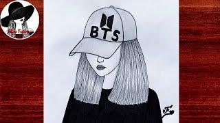 Easy BTS Drawing | How to draw a girl with BTS cap | BTS girl drawing