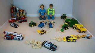 Boys playing with Firetrucks, John Deere Tractors, Blocks, Police Cars, and Construction Toys!!!