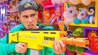 NERF BATTLE IN THE TOY STORE !!