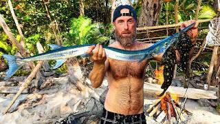 9-DAYS Desert Island Survival Camping - Ep.5 (Strange Razor Fish, Hunt, Primitive Trap, Forage Food)