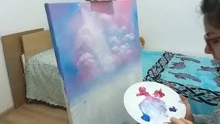 "Sail away" (12/300) Pink sky and sailing ship acrylic painting on canvas, Clouds paintings