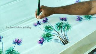 coconut tree & new peacock I combination freehand paint on cotton saree | freehand fabric painting