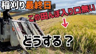 [やらかした]今年最後の稲刈りなのに！なんでこうなるの？入り口のない田んぼ、左側入り口の田んぼで稲刈りしていく！三菱コンバインVG65