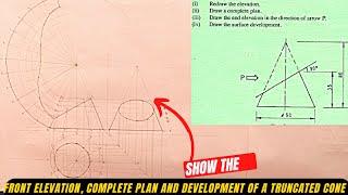 Truncated Cone showing the development,front elevation, complete plan and end view