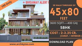 45x80 House Design 3D | 3600 Sqft | 400 Gaj  | 5 BHK | Modern  Design | Swimming Pool | 14x24 Meters