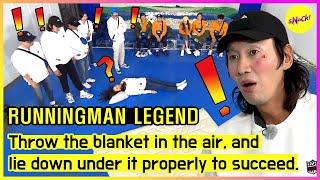 [RUNNINGMAN] Throw the blanket in the air, and lie down under it properly to succeed. (ENGSUB)