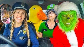 Police Surprises Rubber Ducky, Puppy, Funny Gorilla, and Grinch with Car Ride Chase!