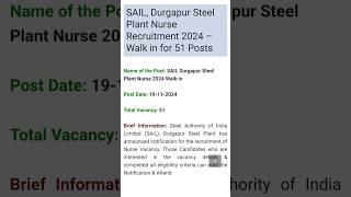 SAIL, Durgapur SteelPlant NurseRecruitment 2024Walk in for 51 Posts