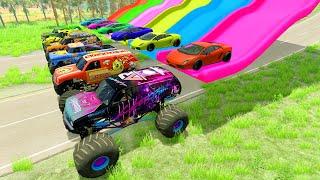 Monster Trucks & Cars High Speed Portal Trap With Slide Colors Speed Bumps - HT Gameplay Official