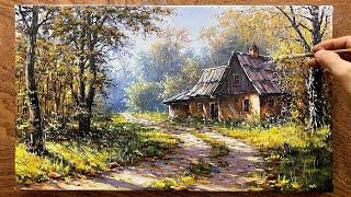 Draw a road and house in the forest / Acrylic landscape painting / Art painting / A Lu Art.