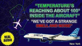 100 degrees in the aircraft, strange smell and noise. JetBlue A220 diverts to JFK. Real ATC