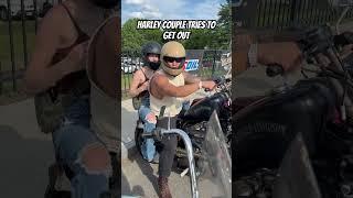 Harley Couple Has Trouble Pulling Out at Jam-Packed Rally