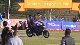 Gulshan Jha gives ride on his motorcycle which he win the final of the Asian T20 World Cup Qualifier