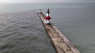 St  Joseph, Michigan lighthouses and harbor - 4K aerial views