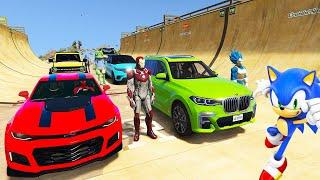 SPIDERMAN CARS MEGA UP DOWN Ramp JUMP Challenge ! SUPERHERO HULK TRAIN Epic new Stunts Race - GTA 5