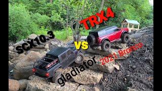 Traxxas TRX4 2021 Bronco vs Axial SCX10.3 Gladiator. Comparison on Crawler County RC crawler course.