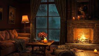 Rainy Night in Cozy Room Ambience with Soft Jazz Music  Heavy Rain, Crackling Fireplace to Sleep 4K