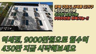 수익형 부동산 다가구주택 입니다. 이자만 납입가능하고 9000만원 인수로 월수입 430만원 가능합니다. 역세권으로 위치 최상 입니다!