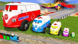 Big & Small Mcqueen Ambulance Rescue Monster Truck - Cars vs Slide Color vs Train with Portal Trap