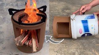 Creative Firewood Stove From Old Plastic Barrels With Cement And Clay