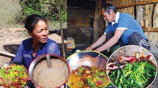 jungle man & wife cooking chayote shoot & Pork curry recipe