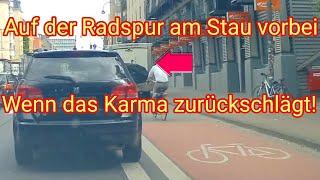 Auf Radspur am Stau vorbei, dann schlägt das Karma zurück - Dashcam-Video