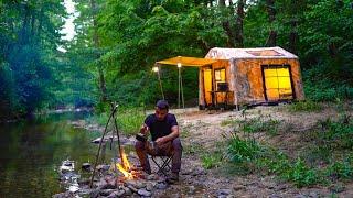 Camping in My Portable Tiny House - Fishing with a Primitive Trap