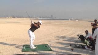 UAE Golf Pro Ahmed Al Musharrekh hitting some balls on the World Islands in Dubai