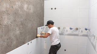 How To Tiles Bathroom | Cut Tiles Around Pipes | Handle The Brick Edges