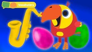 Baby First Words w Larry The Bird - musical instruments  | Toddler Learning Video | First University