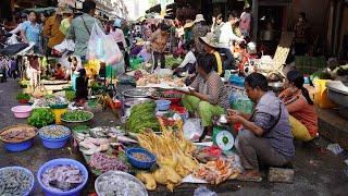 Morning Food Market Scene - Plenty Fresh Fruit, Vegetable, Fish, Pork, Beef & More Seafood