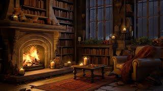 Cozy Reading Nook Ambience ️ Soft Jazz Music ️ Heavy Rain, Fireplace Sounds for Sleeping