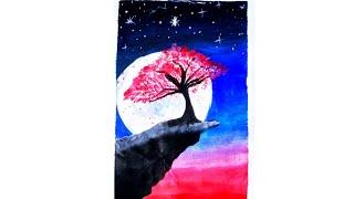 Easy moonlight cherry blossom  painting | Using Camlin Fabrica Acrylic colours | The Finest Art 