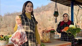 A combination of cooking lamb shanks in a rustic kitchen