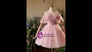 kemedress Pink Tulle Off the Shoulder Pleats Pearls Homecoming Dress