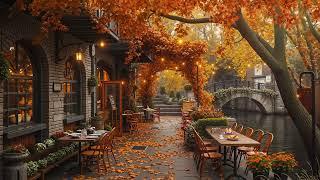 Relaxing Autumn Jazz at Outdoor Coffee Shop Ambience - Soft Jazz with Falling Leaves for Good Mood