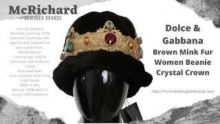 D&G Brown Mink Fur Women Beanie Crystal Crown