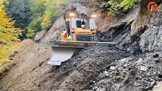 Skillful Excavator Operators are Building Roads on a Steep Mountain