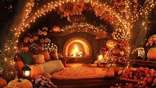 Cozy Autumn Night in a Pumpkin Wonderland | Relaxing Fireplace Sounds for a Magical Fall Evening 