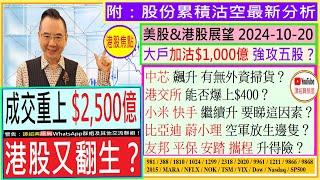 成交重上2,500億 港股翻生？/ 大戶加沽$1,000億 強攻五股/中芯 有無外資掃/港交所 能否爆上$400/小米 快手 升要睇這因素/比亞迪 蔚小理 空軍放生邊隻/2024-10-20