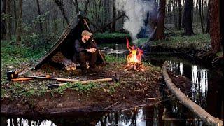 Bushcraft camp | Building a cozy shelter with a comfortable bad. Relax camp. Survival ASMR cooking.