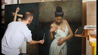 omar ortiz pintando el fondo de la obra primavera oleo sobre lino Hiperrealismo Hyperrealism paint