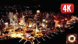 CENTRAL (Hong Kong) at night. Stunning view by DRONE flying over Two IFC (the tallest building)