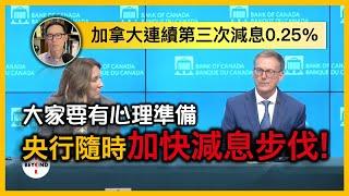 加拿大連續第三次減息0.25%，減息空間巨大，大家要有心理準備，央行隨時加快減息步伐！