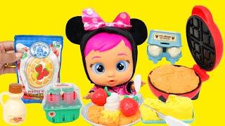 Cry baby doll Minnie's Morning Routine making breakfast with new waffle maker kit by Little Tikes