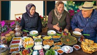 Traditional Azerbaijani Breakfast with Fresh Eggs. Spiced Samovar Tea